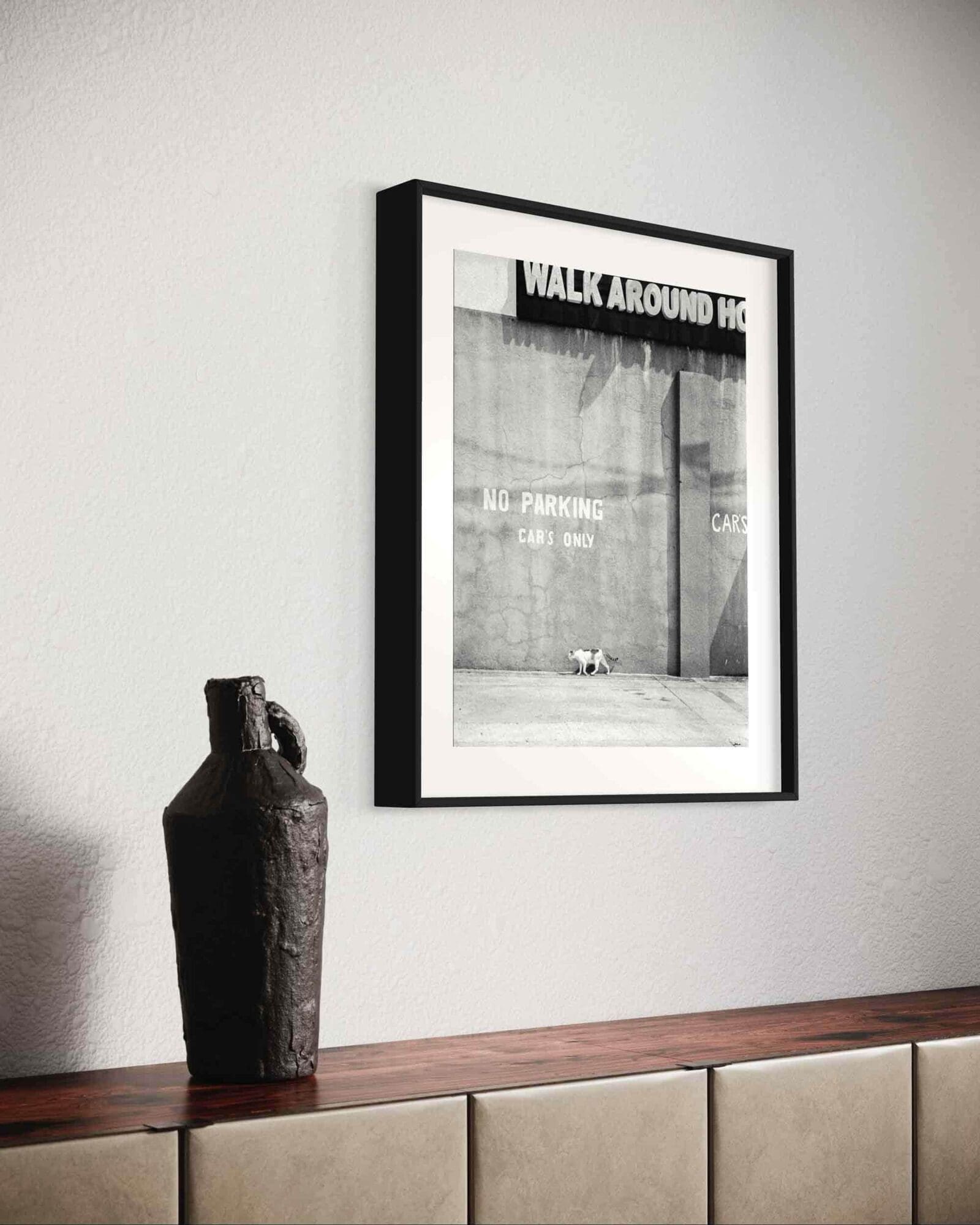 Framed angled b&w print of cat