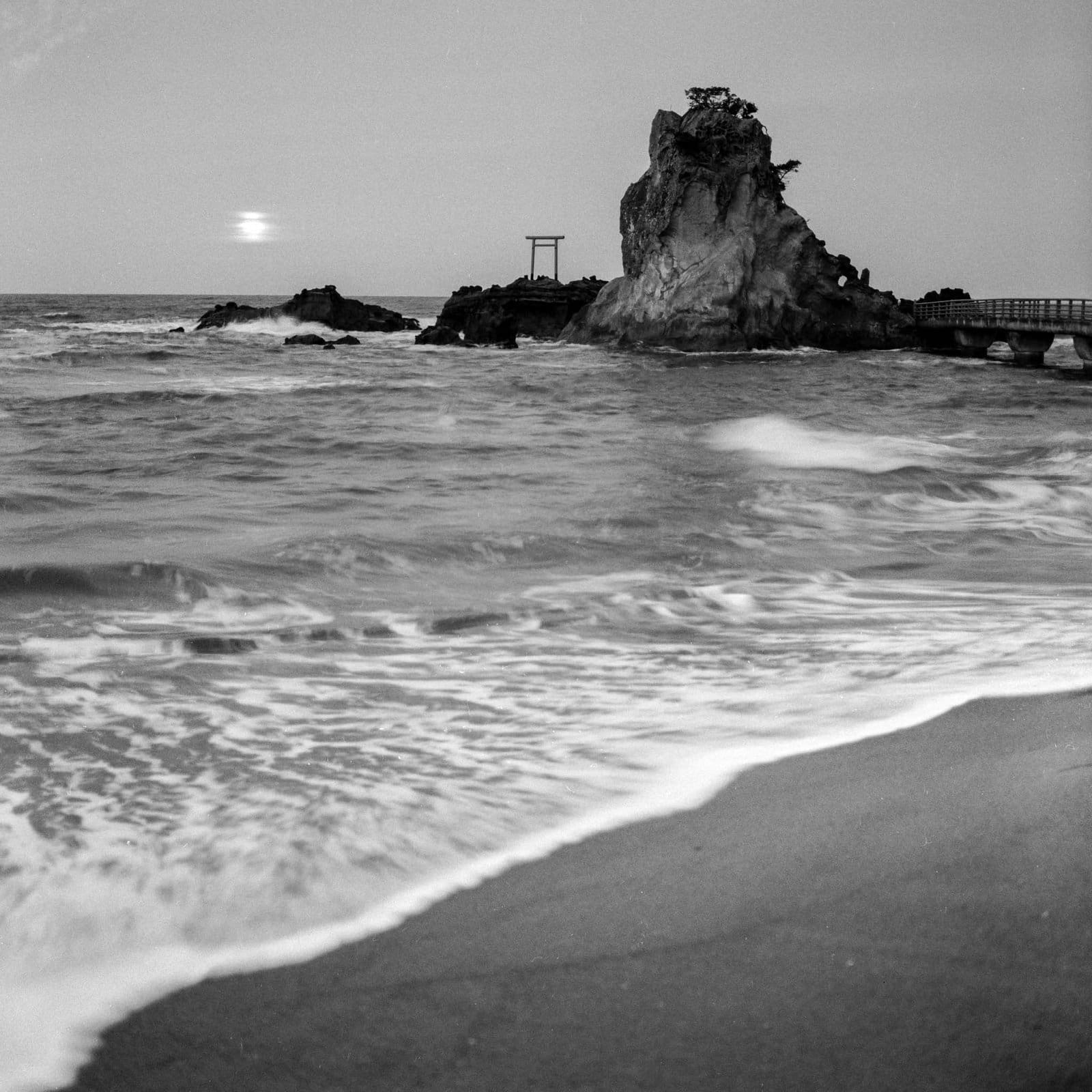 Bentenjima torii gate at moonrise with long-exposure silk water, Iwaki, Japan — black and white torii gate print