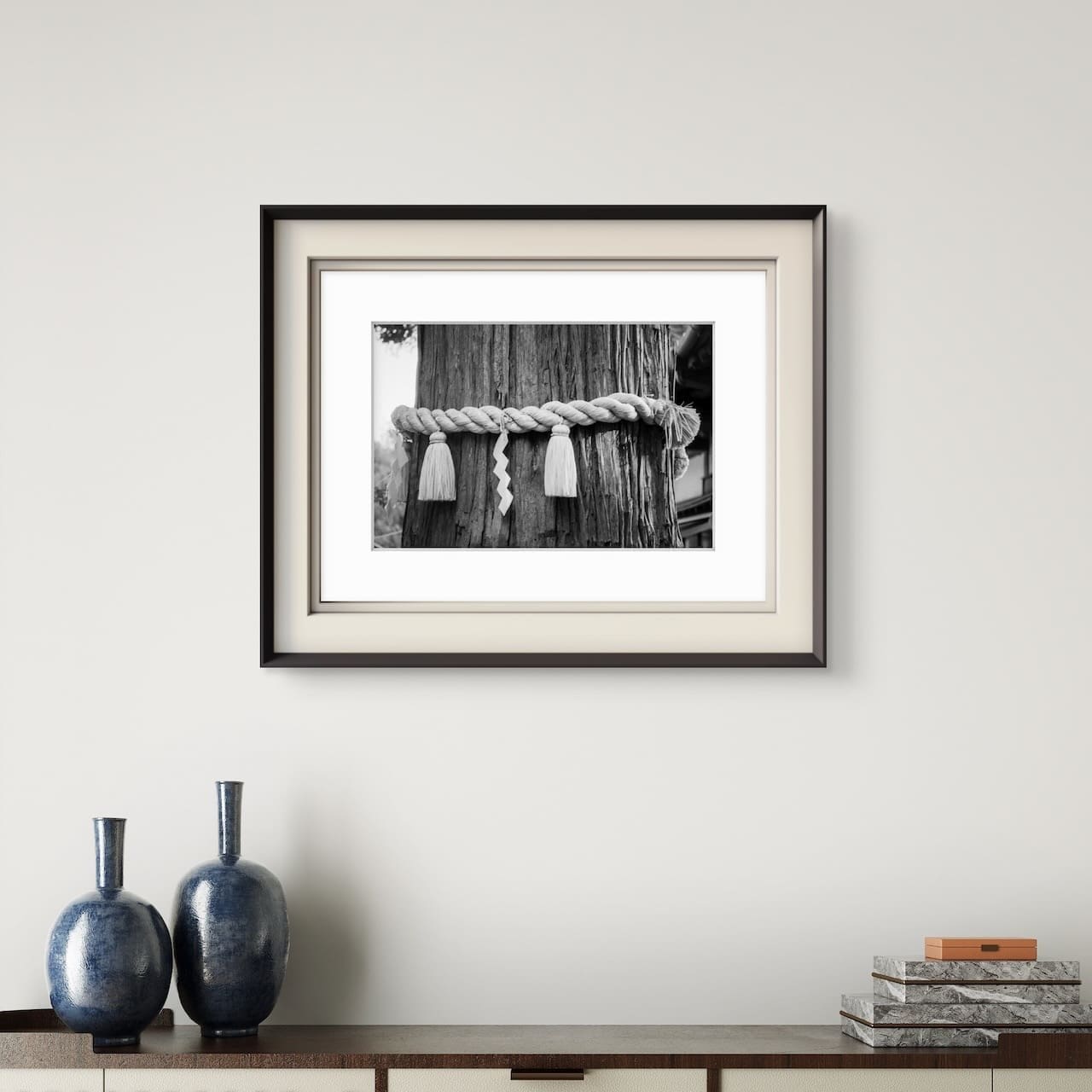 Shinto sacred rope print showing shide paper streamer tied around the furrowed bark of a sacred tree