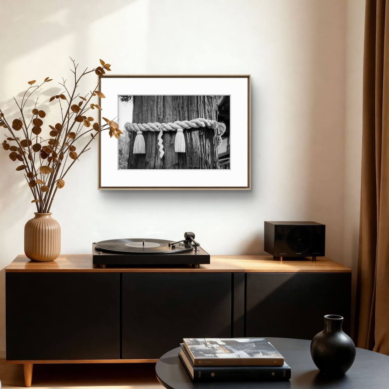Shinto sacred rope print - interior showing shide paper streamer tied around the furrowed bark of a sacred tree